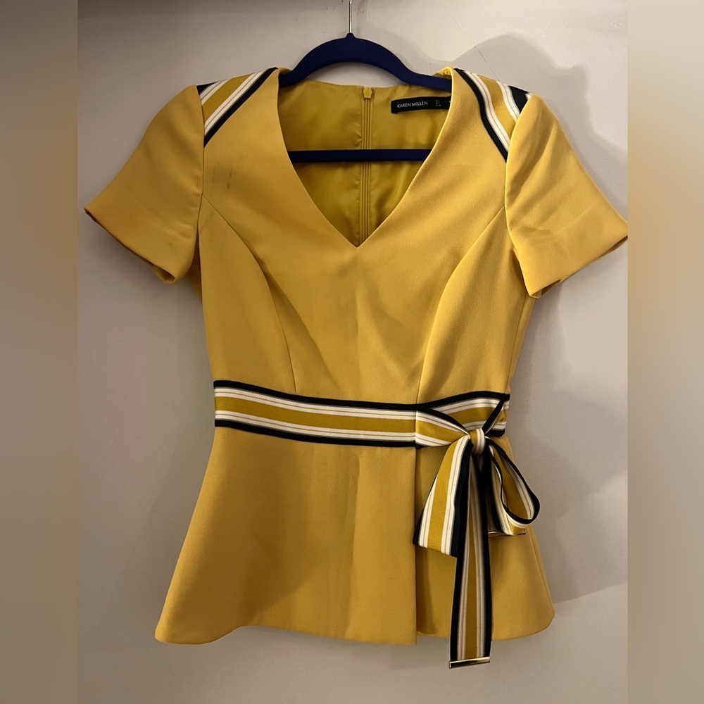 Karen Millen Mustard Peplum Blouse with Striped Accents